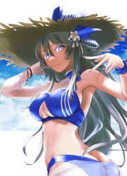 1girl bikini blue_bikini blue_sky breasts butt_crack clothing_cutout cloud from_behind grey_eyes grey_hair hashtag-only_commentary hat highres kantai_collection large_breasts long_hair looking_at_viewer looking_back official_alternate_costume sarong see-through_clothes see-through_sarong sky solo straw_hat sun_hat swimsuit tsukasa_(tukasa_br) upper_body washington_(kancolle) washington_(swimsuit)_(kancolle) white_sarong