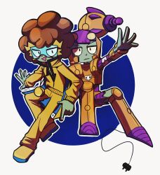 Rule 34 | 2boys, :d, afro, armor, armored boots, back-to-back, black eyes, blue-tinted eyewear, blue background, blue cape, boots, border, brown hair, cape, chinese commentary, closed mouth, collared jacket, colored skin, commentary request, electric boogaloo (plants vs. zombies), energy gun, fingernails, frown, full body, goggles, gold necklace, grey skin, helmet, highres, invisible chair, jacket, jewelry, jitome, knee boots, knees apart feet together, looking at viewer, multiple boys, necklace, open mouth, orange boots, outline, outside border, outstretched arm, outstretched hand, pants, partially unzipped, plants vs. zombies, plants vs. zombies heroes, ray gun, round border, rustbolt, shoes, short hair, sitting, smile, tinted eyewear, two-sided cape, two-sided fabric, v-shaped eyebrows, weapon, white border, white outline, xh5 (xinjinjumin348470816236), yellow cape, yellow jacket, yellow pants, yellow shoes