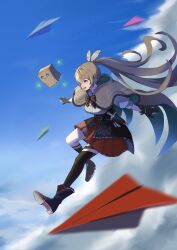 Rule 34 | 1girl, ahoge, ankle boots, belt, blue sky, boots, brown capelet, brown cloak, brown corset, brown eyes, brown hair, cape, capelet, cloak, cloud, commentary, corset, dagger, english commentary, falling, floating hair, friend (nanashi mumei), gloves, hair ornament, hairclip, hieroglyphics, highres, hololive, hololive english, hood, hooded cloak, iggy2077, kneehighs, knife, legs up, motion blur, multicolored hair, nanashi mumei, nanashi mumei (1st costume), open mouth, outstretched arms, paper airplane, partially fingerless gloves, pleated skirt, red skirt, ribbon, runes, shirt, shoe soles, single kneehigh, single sock, single thighhigh, skirt, sky, smile, socks, spread arms, streaked hair, thighhighs, virtual youtuber, weapon, white shirt