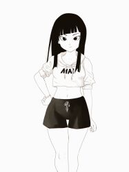 1girl black_eyes black_hair dragon_ball dragon_ball_super hand_on_own_hip happy looking_at_viewer mai_(future)_(dragon_ball) navel smile solo thick_thighs thighs white_background