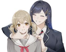 2girls azusawa_kohane black_jacket blue_hair blush brown_hair cheek_squash closed_mouth commentary fresa_pie gradient_hair grey_shirt hair_ornament hairclip hashtag-only_commentary highres jacket kamiyama_high_school_uniform_(project_sekai) long_hair long_sleeves medium_hair miyamasuzaka_girls&#039;_academy_school_uniform multicolored_hair multiple_girls neckerchief project_sekai red_neckerchief school_uniform serafuku shiraishi_an shirt short_twintails simple_background smile star_(symbol) star_hair_ornament twintails upper_body white_background