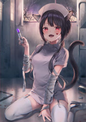 1girl :d animal_ears bandaged_arm bandages bare_tree between_legs black_hair black_shoes blood blood_on_face blush bottle branch breasts cat_ears cat_girl cat_tail clipboard commentary_request crack cracked_glass curtains dress fang garter_straps grey_dress halloween hand_between_legs hand_up hat heart holding holding_syringe indoors long_hair looking_at_viewer midorikawa_you nurse nurse_cap on_floor open_mouth original red_eyes shoes short_sleeves small_breasts smile solo syringe tail thighhighs tree very_long_hair white_thighhighs window
