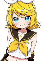 1girl anzu_thang blonde_hair blue_eyes bow breasts hair_ornament hairclip highres kagamine_rin looking_at_viewer navel neckerchief necktie short_hair simple_background small_breasts smile vocaloid white_background white_bow yellow_neckerchief yellow_necktie