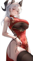 1girl absurdres ahoge alternate_costume bags_under_eyes bare_shoulders black_horns black_thighhighs breasts china_dress chinese_clothes closed_mouth commentary covered_navel cowboy_shot curled_horns dress earrings grey_hair highres horns jewelry key_earrings large_breasts long_hair looking_at_viewer mohaka_(m_0haka) mole mole_under_eye multicolored_hair red_dress red_eyes simple_background sleeveless sleeveless_dress solo streaked_hair thighhighs thighs white_background wuthering_waves zani_(wuthering_waves)