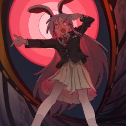 1girl animal_ears blazer glowing glowing_eyes hand_up highres jacket kijima_(amayadori-tei) long_hair looking_at_viewer necktie open_mouth pleated_skirt pointing purple_hair rabbit_ears red_eyes red_necktie reisen_udongein_inaba shirt skirt socks solo standing teeth touhou upper_teeth_only v very_long_hair white_shirt