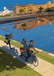 1girl 2boys :d amo_(amo_0514) backpack bag bicycle black_bag black_jacket black_pants black_shoes black_socks blue_sky breasts bridge brown_hair building chinese_commentary closed_eyes cloud collared_shirt commentary_request dappled_sunlight day falling_petals floating_clothes floating_hair highres holding holding_jacket holding_unworn_clothes jacket jacket_over_shoulder long_hair multiple_boys open_clothes open_collar open_mouth open_shirt original outdoors pants pavement petals pillion pleated_skirt red_shirt red_skirt reflection reflective_water riding riding_bicycle river riverbank running scenery school_uniform shirt shoes short_hair short_sleeves sitting skirt sky small_breasts smile socks sunlight tree tree_shade turning_head undershirt unworn_jacket white_shirt