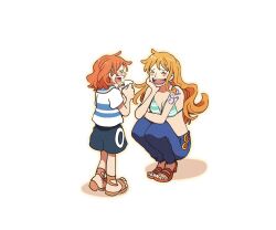 2girls bare_shoulders bikini bikini_top_only blue_pants blue_shorts blush closed_eyes commentary crying denim earrings facing_another full_body green_bikini hair_ornament hairclip head_rest highres holding holding_letter jeans jewelry letter long_hair looking_at_another medium_hair multiple_girls nami&#039;s_fangirl nami_(one_piece) nami_(one_piece)_(return_to_sabaody) one_piece one_piece_fan_letter open_mouth orange_hair pants pearl_earrings sanam_1piece sandals shirt short_sleeves shorts shoulder_tattoo smile squatting standing swimsuit symbol-only_commentary tattoo wavy_hair white_background white_shirt
