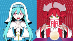 2girls ahoge aqua_hair drill_hair hair_between_eyes hair_ornament hatsune_miku highres holding holding_pocket_watch hypnosis kasane_teto long_hair long_sleeves mind_control mouth_veil multiple_girls nun own_hands_together pinocchio-p pocket_watch red_eyes red_hair ringed_eyes smile synthesizer_v t-shi_no_hanashi_wo_shinjiru_na_(vocaloid) utau veil vocaloid watch yellow_eyes