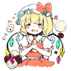 Rule 34 | 1girl, ascot, blonde hair, blush, checkerboard cookie, chocolate chip cookie, closed eyes, collared shirt, commentary request, cookie, crystal, crystal wings, facing viewer, flandre scarlet, food, frilled shirt collar, frills, hat, ibispaint (medium), mob cap, multicolored wings, one side up, open mouth, red skirt, red vest, shiro tsugumi, shirt, skirt, skirt set, smile, solo, touhou, vest, white hat, white shirt, wings, yellow ascot