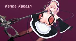 1girl 3d absurdres blonde_hair blush breasts character_name demon_girl demon_horns demon_tail gloves highres holding holding_weapon horns huge_breasts looking_at_viewer maid mole mole_under_eye nipple_piercing pantyhose piercing simple_background solo tail twintails weapon yellow_eyes