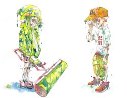 1boy 1girl badge beanie button_badge green_shirt hat highres inkling inkling_boy inkling_girl inkling_player_character kumicho kumichou_(kuroitsubasakt) long_hair nintendo paint_roller painting_(medium) pointy_ears shirt shoes simple_background sneakers splatoon_(series) splatoon_1 splattershot_(splatoon) super_soaker tears tentacle_hair traditional_media watercolor_(medium)