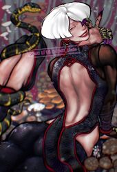 1girl a.k.i._(street_fighter) arm_support artist_name ass ayaki_blade back backless_outfit black_footwear black_pants black_scales black_snake chinese_clothes claw_(weapon) claw_ring evil_grin evil_smile fingernails flats full_body grin highres impossible_hair instagram_logo instagram_username legs legs_up long_fingernails looking_at_viewer lowleg lowleg_pants lying mole mole_under_mouth muscular muscular_female mushroom nail_polish on_stomach one_eye_covered pants purple_nails red_eyes red_lips red_nails scale_print scales see-through_clothes see-through_sleeves sharp_fingernails short_hair side_slit smile snake solo street_fighter street_fighter_6 thighs twitter_logo twitter_username very_long_fingernails weapon white_hair