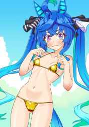 1girl :3 @_@ ahoge animal_ears aqua_background aqua_hair bikini blue_eyes blue_hair bow breasts closed_mouth collarbone commission cowboy_shot crossed_bangs ganimede gold_bikini gradient_background hair_bow hands_up heterochromia horse_ears horse_girl horse_tail long_hair looking_at_viewer multicolored_hair navel purple_eyes sidelocks skeb_commission small_breasts solo striped_bow swimsuit tail twin_turbo_(umamusume) twintails two-tone_hair umamusume very_long_hair