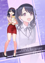 1girl animal animal_hug bare_legs belt black_hair black_shoes blazer blush cat character_name commentary_request fangs fukumaru_koito full_body girugiru_(tektonics6588) grey_jacket hairband high_heels idolmaster idolmaster_shiny_colors jacket looking_at_viewer mahjong_soul medium_hair miniskirt multiple_views office_lady pencil_skirt pink_eyes pink_sweater red_hairband red_skirt school_uniform shoes skin_fangs skirt smile sweater twintails