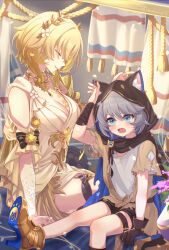 2girls aglaea_(honkai:_star_rail) animal_hood black_cloak black_gloves black_hood blonde_hair blue_eyes blush breast_tattoo cat_girl cat_hood cipher_(honkai:_star_rail) cipher_(in_pursuit_of_the_wind)_(honkai:_star_rail) cloak closed_eyes commentary_request dress ears_through_hood gloves gold_shoes gold_tattoo greco-roman_clothes grey_hair head_wreath high_heels highres honkai:_star_rail honkai_(series) hood hooded_cloak laurel_crown medium_hair mofusagi multiple_girls shoes single_glove tattoo thigh_strap torn_cloak torn_clothes white_dress