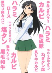Rule 34 | 1girl, ahoge, black eyes, black hair, black neckerchief, black socks, blouse, commentary, cowboy shot, finger to cheek, girls und panzer, green skirt, highres, isuzu hana, kneehighs, long hair, long sleeves, looking to the side, miniskirt, neckerchief, omachi (slabco), ooarai school uniform, open mouth, pleated skirt, sailor collar, school uniform, serafuku, shirt, simple background, skirt, socks, solo, standing, translated, white background, white sailor collar, white shirt