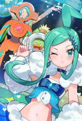 1boy 1girl arm_warmers bad_tag blue_choker blush bracelet choker closed_eyes crop_top deoxys deoxys_(normal) earrings eyelashes gen_3_pokemon green_eyes green_hair hair_ornament hat highres hsin idol jewelry lisia_(pokemon) long_hair looking_at_viewer ludicolo midriff mossdeep_city mythical_pokemon navel nintendo one_eye_closed open_mouth overskirt pants pokemon pokemon_(creature) pokemon_oras shirt short_hair sidelocks sleeveless smile tank_top teeth uncle_and_niece wallace_(pokemon) white_hat white_shirt