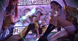 3girls black_boots black_hair blunt_bangs boots commentary_request daniju derpy_(kpop_demon_hunters) double_bun earrings fingerless_gloves gloves hair_bun halterneck high_heels highres holding jacket jewelry kpop_demon_hunters long_hair looking_at_viewer looking_back mira_(kpop_demon_hunters) multiple_girls parted_lips pink_hair purple_hair rumi_(kpop_demon_hunters) sidelocks squatting thigh_boots turtleneck zoey_(kpop_demon_hunters)