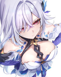 Rule 34 | 1girl, bare shoulders, breasts, closed mouth, collarbone, commentary request, dress, eyes visible through hair, from above, genshin impact, hair ornament, hands on own hips, highres, large breasts, pink eyes, prosthesis, prosthetic arm, prosthetic leg, simple background, skirk (genshin impact), solo, standing, tomas (kaosu22), white background, white dress, white hair