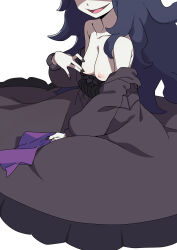 1girl bare_shoulders black_nails breasts clothes_pull collarbone dress_pull eyes_out_of_frame hand_on_own_chest head_out_of_frame hex_maniac_(pokemon) highres morisobo nintendo nipples off_shoulder pokemon pokemon_xy purple_hair simple_background sitting small_breasts smile solo white_background
