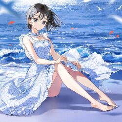 1girl barefoot black_eyes black_hair dress highres looking_at_viewer ocean original short_hair sitting solo tiv
