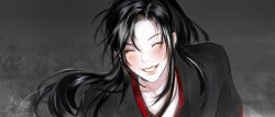Rule 34 | 1boy, ^ ^, black hair, black hanfu, blush, chinese clothes, closed eyes, collarbone, eyelashes, grass, grey background, grin, hanfu, highres, korean commentary, limited palette, long hair, male focus, modao zushi, niken (niken ouo), ponytail, sidelocks, smile, solo, spot color, upper body, wei wuxian