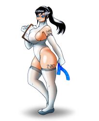 1girl artificial_eye black_hair blue_eyes breasts clone condom costume elbow_gloves galejro gloves highres huge_breasts inverted_nipples kneehighs large_areolae large_breasts long_hair mechanical_eye non-web_source oiled one-piece_swimsuit original pantyhose ponytail see-through_clothes self-upload smile socks solo swimsuit thighhighs zoei