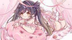 1girl :3 alternate_hairstyle barefoot blonde_hair bloomers blush choker closed_mouth commentary curtains english_commentary frilled_bloomers frilled_choker frills gradient_hair hair_intakes hair_ornament heart heart_hair_ornament highres indie_virtual_youtuber long_hair lua_asuka multicolored_hair pink_bloomers pink_nails pink_theme purple_hair raimu_(ranse237) second-party_source solo twintails underwear virtual_youtuber yellow_eyes