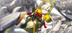 1girl aircraft airship ascot black_gloves blush braid breasts cape clenched_teeth clothing_cutout day detached_horns e-grand_marie earrings fate/grand_order fate_(series) feet_out_of_frame fur-trimmed_cape fur_trim game_cg gloves hair_between_eyes hair_ribbon horns huge_horns jewelry large_variant_set long_hair long_horns looking_at_viewer lying navel official_art olga_marie_animusphere on_back on_ground orange_eyes outdoors red_ascot ribbon rock side_braid solo stomach_cutout storm_border striped_bodysuit takeuchi_takashi tearing_up teeth third-party_source u-olga_marie variant_set very_long_hair white_hair yellow_horns
