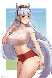 1girl animal_ears blush breasts brown_hat buruma collarbone covered_erect_nipples cowboy_shot crop_top gold_ship_(umamusume) grey_hair hat highres hioyami horse_ears horse_girl horse_tail large_breasts long_hair midriff navel purple_eyes red_buruma solo stomach sweat tail thighs umamusume v-shaped_eyebrows very_long_hair