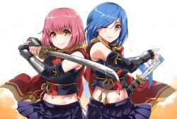 Rule 34 | 2girls, black gloves, black shirt, blue hair, cape, closed mouth, commentary request, elbow gloves, fighting stance, fingerless gloves, gloves, hanzoumon yuki, holding, holding sword, holding weapon, katana, long hair, looking at viewer, mikel (4hands), minamoto momo, multiple girls, navel, ninja, one eye closed, orange eyes, pink hair, pleated skirt, purple skirt, red cape, release the spyce, scar, scar across eye, scar on face, sheath, sheathed, shirt, short hair, side-by-side, simple background, skirt, sleeveless, sleeveless shirt, smile, standing, sword, v-shaped eyebrows, weapon, white background