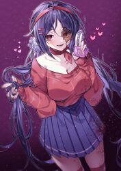 1girl absurdres blood blood_on_clothes blood_on_face blue_eyes blue_skirt blush breasts chachong_sama cleavage commentary cracked_skin crazy_mita_(miside) dark_background fangs gradient_background hair_ornament hairband hairclip heart highres holding large_breasts long_hair long_sleeves looking_to_the_side low_twintails miside mita_(miside) open_mouth pixel_art purple_background red_eyes red_hairband red_shirt red_thighhighs shirt skirt smile solo thighhighs twintails yandere