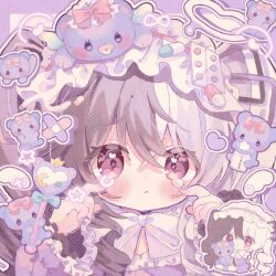 1girl :&lt; baby_bottle bandaid bear blush borrowed_character bottle bow bowtie brown_hair chibi chibi_inset commentary commission drill_hair frilled_hairband frilled_sleeves frills hair_between_eyes hairband hands_up highres kamizakana_iriko long_hair long_sleeves looking_at_viewer multicolored_hair nail_polish open_mouth original outline pill pink_hairband portrait purple_nails purple_shirt red_eyes shirt skeb_commission tears toy two-tone_hair white_bow white_bowtie white_hair white_outline