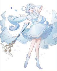 1girl aji_11300913 alternate_costume blue_dress blue_eyes blue_gemstone blue_gloves blue_hair blue_shoes bow bowtie commentary dialogues_of_the_desert_sages_(genshin_impact) dress drop-shaped_pupils english_commentary full_body furina_(genshin_impact) gem genshin_impact gloves hair_between_eyes hand_on_own_forehead hashtag-only_commentary hat heart heterochromia highres holding holding_polearm holding_weapon long_hair looking_at_viewer open_mouth polearm shoes simple_background smile solo sparkle sparkling_aura standing symbol-shaped_pupils twitter_username weapon white_background white_bow white_bowtie white_hair white_hat