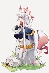 1girl akari_(pokemon) akari_(pokemon)_(cosplay) black_sash blush bright_pupils closed_mouth cocoa_s3 cosplay full_body galaxy_expedition_team_survey_corps_uniform grey_jacket highres hisuian_poke_ball hisuian_zoroark hisuian_zorua jacket long_hair loose_socks multicolored_hair nintendo outdoors pantyhose poke_ball pokemon pokemon_legends:_arceus red_fur red_hair red_scarf rock sash scarf shirt simple_background smile socks squatting tail white_background white_hair white_pupils yellow_eyes