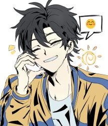 1boy antenna_hair black_hair blue_jacket cheng_xiaoshi chinese_commentary closed_eyes emoji facing_viewer grin hair_between_eyes half-heart_hands hand_on_own_face hand_up highres jacket long_sleeves male_focus multicolored_jacket open_clothes open_jacket shiguang_dailiren shirt short_hair simple_background smile solo speech_bubble spoken_emoji sun teeth upper_body white_background white_shirt xinjinjumin6942353 yellow_jacket