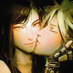 1boy 1girl annikin bare_shoulders black_background black_gloves black_hair blonde_hair blush bracelet close-up closed_eyes closed_mouth cloud_strife commentary couple english_commentary facing_another final_fantasy final_fantasy_vii final_fantasy_vii_rebirth final_fantasy_vii_remake fingerless_gloves gloves hand_on_another&#039;s_head hetero highres jewelry kiss kissing_cheek lips long_hair looking_at_viewer materia portrait red_eyes spiked_hair swept_bangs tifa_lockhart twitter_username upper_body