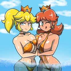 ass bare_hips bikini blonde_hair breasts brown_hair crown earrings flower_earrings girly_pose gold_bikini jewelry large_breasts mario_(series) nintendo ocean one_eye_closed ponytail princess princess_daisy princess_peach robvemoo sky slingshot_swimsuit swimming swimsuit tomboy tongue tongue_out water wink
