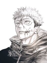 1boy black_hair blood blood_on_face greyscale highres hood itadori_yuuji jozpic jujutsu_kaisen male_focus monochrome portrait scar scar_on_face short_hair simple_background solo tears twitter_username undercut white_background