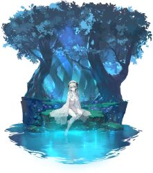 1girl absurdres atelier_(series) atelier_ryza atelier_ryza_2 azur_lane bare_shoulders barefoot black_nails blue_hair breasts cleavage collarbone colored_skin fingernails forest full_body fur gradient_hair hairband heterochromia highres large_breasts light_smile looking_at_viewer medium_hair multicolored_eyes multicolored_hair nail_polish nature night nightgown non-web_source official_art outdoors pale_skin red_eyes serri_glaus serri_glaus_(fairy_dreamer_beneath_the_starry_sky) sitting smile thighs toenails toes transparent_background tree two-tone_hair water white_hair white_skin yd_(orange_maru) yellow_eyes
