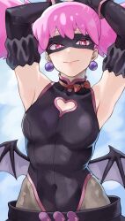 absurdres arm_up armpits bat_wings black_bodysuit black_mas bodysuit boku_no_hero_academia bow breasts clothing_cutout curvy demon_girl detached_sleeves earrings eye_mask fengling_(furin-jp) haneyama_kazuho heart heart_cutout highres jewelry looking_at_viewer looking_down mask non-web_source pantyhose pink_hair red_eyes sky smile solo superhero_costume turtleneck twintails vigilante_-boku_no_hero_academia:_illegals- wings