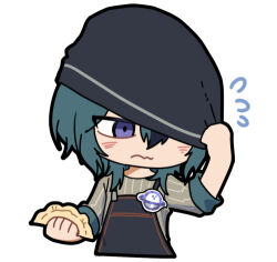1boy apron artist_request black_apron black_hair black_hat blush chibi chibi_only chinese_commentary dumpling flying_sweatdrops food girls&#039;_frontline girls&#039;_frontline_neural_cloud green_hair hat hat_over_one_eye hat_tug lowres male_focus official_art second-party_source solo wavy_mouth yuwang_(neural_cloud)