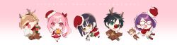 Rule 34 | 3boys, 3girls, animal costume, antlers, black hair, blonde hair, box, brown hair, capelet, cat, chibi, chibi only, christmas, commentary, cosplay, covered eyes, dress, fake antlers, fake facial hair, fake mustache, fang, fur-trimmed capelet, fur-trimmed dress, fur-trimmed headwear, fur trim, gift, gift box, glasses, gouda (tonari no neko to koi shirazu), green eyes, hat, highres, holding, holding sack, horns, kiyomiya (tonari no neko to koi shirazu), leash, long hair, medium hair, merry christmas, multiple boys, multiple girls, nekozane mugi, pink hair, purple hair, red capelet, red nose, reindeer antlers, reindeer costume, rudolph the red nosed reindeer, rudolph the red nosed reindeer (cosplay), sack, santa costume, santa dress, santa hat, seno minato, short hair, side ponytail, swept bangs, takada (tonari no neko to koi shirazu), tonari no neko to koi shirazu, translated, uninu, usagihara momoka, yellow eyes