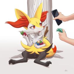 1girl absurdres animal_ear_fluff animal_ears animal_feet animal_hands animal_nose animal_pussy anus anus_peek artist_name banknote berry_(pokemon) black_fur blush body_fur braixen canine_pussy cellphone cheek_bulge claws cleft_of_venus clitoris disembodied_hand eating fangs female_focus food fox_ears fox_girl fox_tail fruit full_body furry furry_female gen_6_pokemon highres holding holding_food holding_fruit holding_money holding_phone light_blush looking_at_phone money multicolored_fur nanab_berry neck_fur nintendo open_mouth oran_berry pawpads pecha_berry phone pokemon pokemon_(creature) prostitution pussy razz_berry red_eyes signature sitting smartphone snout solo_focus spread_legs stick stoic5 tail tongue tree uncensored white_background white_fur yellow_fur