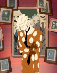 3boys 3others black_necktie black_vest blood blood_on_clothes blue_necktie brown_necktie collared_shirt cowboy_shot drawing_(object) formal_clothes giorno_giovanna guido_mista jacket jojo_no_kimyou_na_bouken looking_at_viewer male_focus mask multiple_boys multiple_others necktie painting_(object) pannacotta_fugo pants picture_frame portrait_(object) red_eyes red_jacket red_pants red_suit shirt short_hair silk spider_web ssyoukyo_sori suit suit_jacket upper_body vento_aureo vest white_hair white_shirt