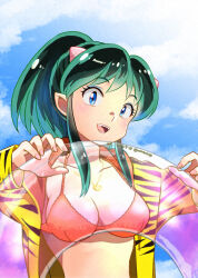 01angelegg 1girl :d bikini black_hair black_stripes blue_eyes breasts cleavage collarbone fangs green_hair halterneck horns innertube jacket jewelry long_hair long_sleeves lum makeup mascara medium_breasts multicolored_hair necklace open_clothes open_jacket open_mouth orange_bikini ponytail smile solo striped_clothes striped_jacket swim_ring swimsuit tiger_stripes two-tone_hair upper_body urusei_yatsura yellow_jacket