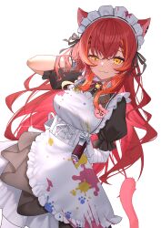 Rule 34 | 1girl, animal ears, apron, bandaged arm, bandages, black bow, blush, bow, bowtie, closed mouth, commentary request, fang, gun, hair bow, hair ornament, hair tie, highres, looking at viewer, maid, maid headdress, multicolored hair, nekota tsuna, nekota tsuna (3rd costume), orange eyes, orange hair, red bow, red bowtie, red hair, simple background, solo, streaked hair, tail, two-tone hair, virtual youtuber, vspo!, weapon, white apron, white background, x hair ornament, z.m. (zimin)