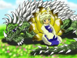 1girl anguirus animal_ears animal_hat blonde_hair blue_eyes blue_sky blue_tabard colored_skin crossover dinosaur fox_ears fox_tail godzilla_(series) green_skin hanuma_(19841996) hat kaiju kitsune looking_at_viewer mob_cap multiple_tails on_ground sitting sky spiked_shell spiked_tail spikes spines tabard tail touhou wariza yakumo_ran