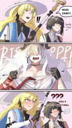 3girls ? ?? @_@ black_choker black_gloves black_hair blonde_hair blood blood_from_mouth blush breasts brown_eyes choker cleavage closed_mouth commentary english_commentary english_text fangs gloves hat highres holding holding_staff horns large_breasts long_hair mel_(unknownsistah) multiple_girls phoebe_(wuthering_waves) purple_eyes rover_(wuthering_waves) speech_bubble staff tearing_clothes torn_clothes white_hair white_hat wuthering_waves yuri zani_(wuthering_waves)