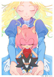 1boy 2girls amy_rose black_fur blonde_hair blue_dress blush bracelet chest_fur closed_eyes closed_mouth collared_dress dress eyelashes furry furry_female furry_male gloves gold_bracelet hairband hedgehog_girl highres jewelry konjiki_ringo long_dress long_hair long_sleeves maria_robotnik multiple_girls pink_fur puffy_short_sleeves puffy_sleeves red_dress red_eyes red_fur red_hairband shadow_the_hedgehog short_sleeves sidelocks sleeveless sleeveless_dress smile sonic_(series) two-tone_fur white_gloves